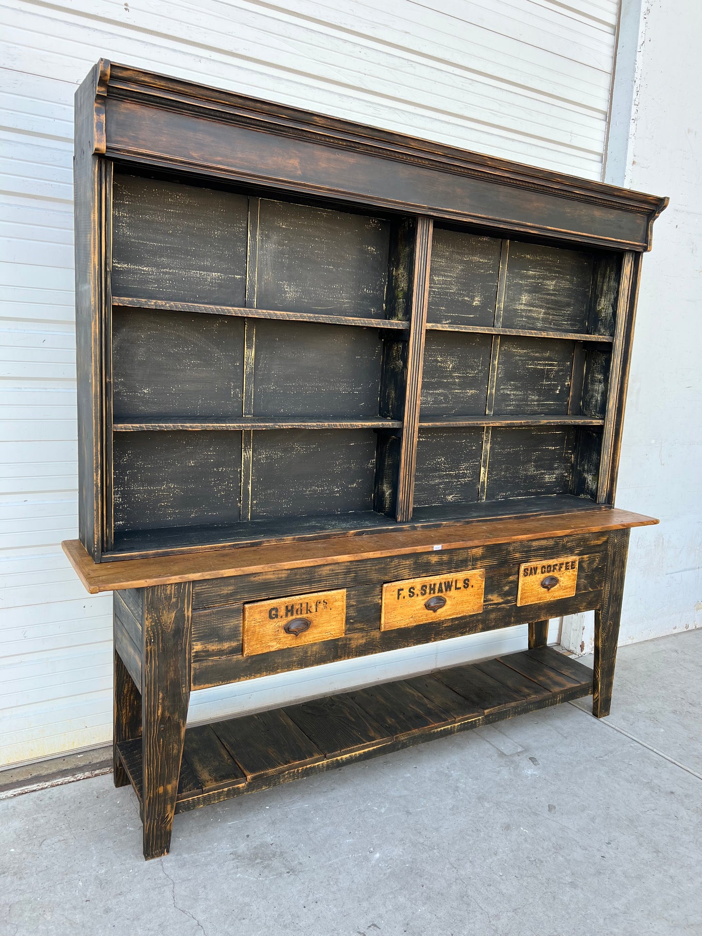 Black Painted General Store Two Piece Display Cabinet