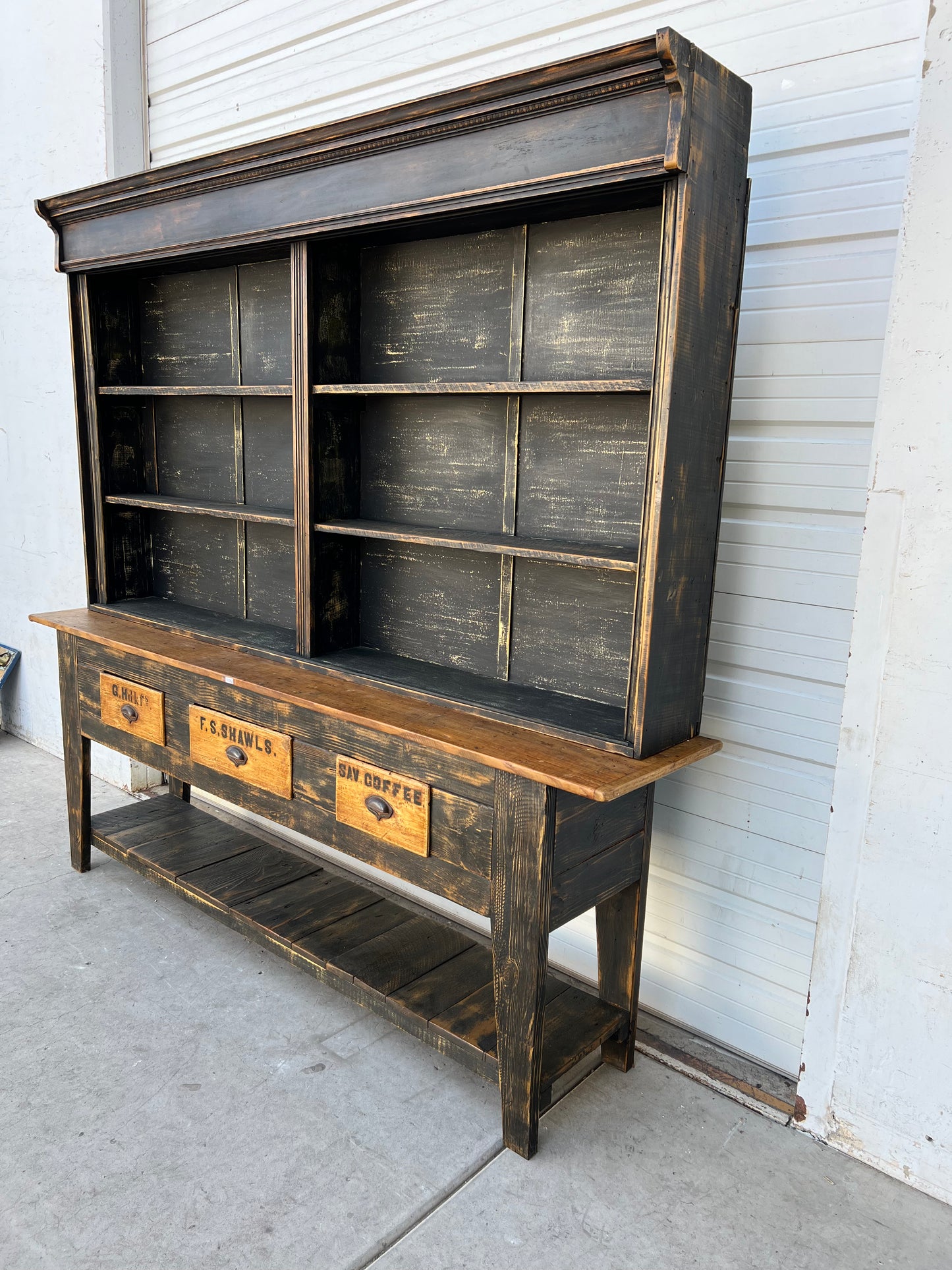 Black Painted General Store Two Piece Display Cabinet