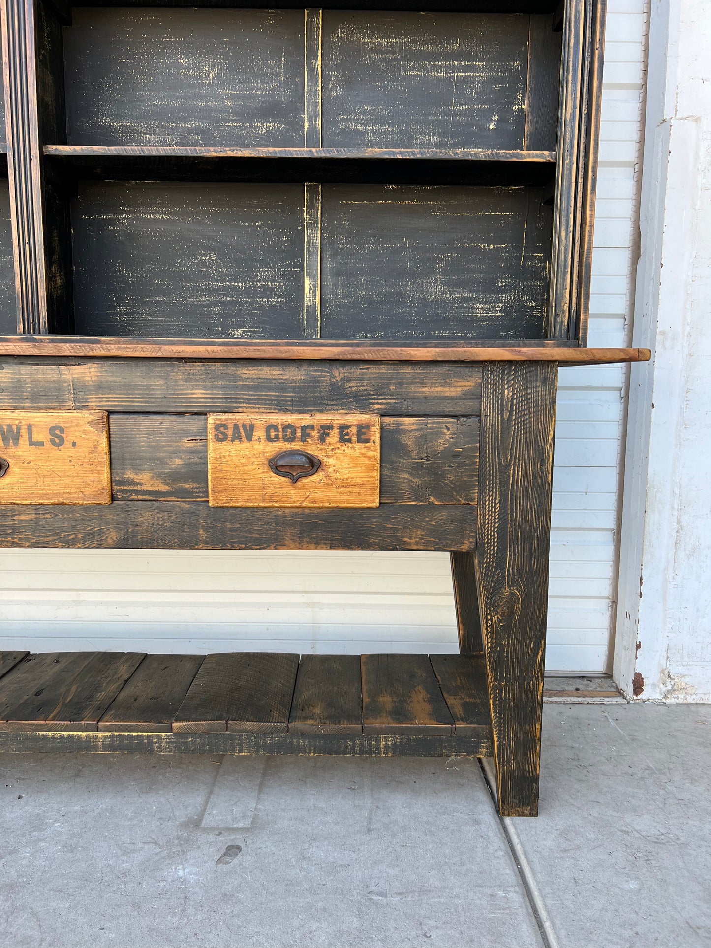 Black Painted General Store Two Piece Display Cabinet