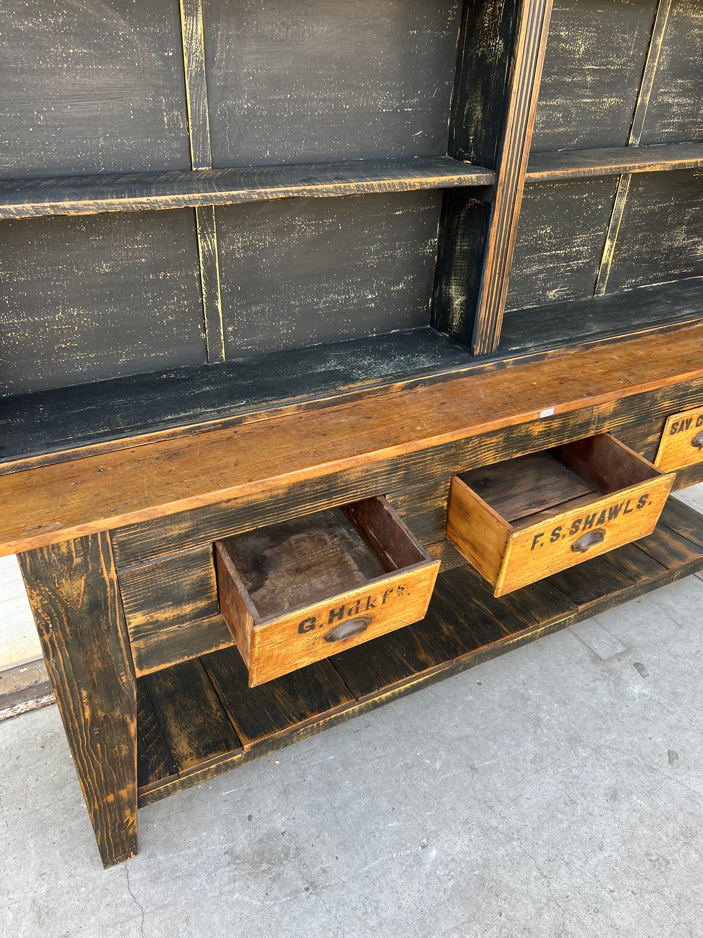 Black Painted General Store Two Piece Display Cabinet