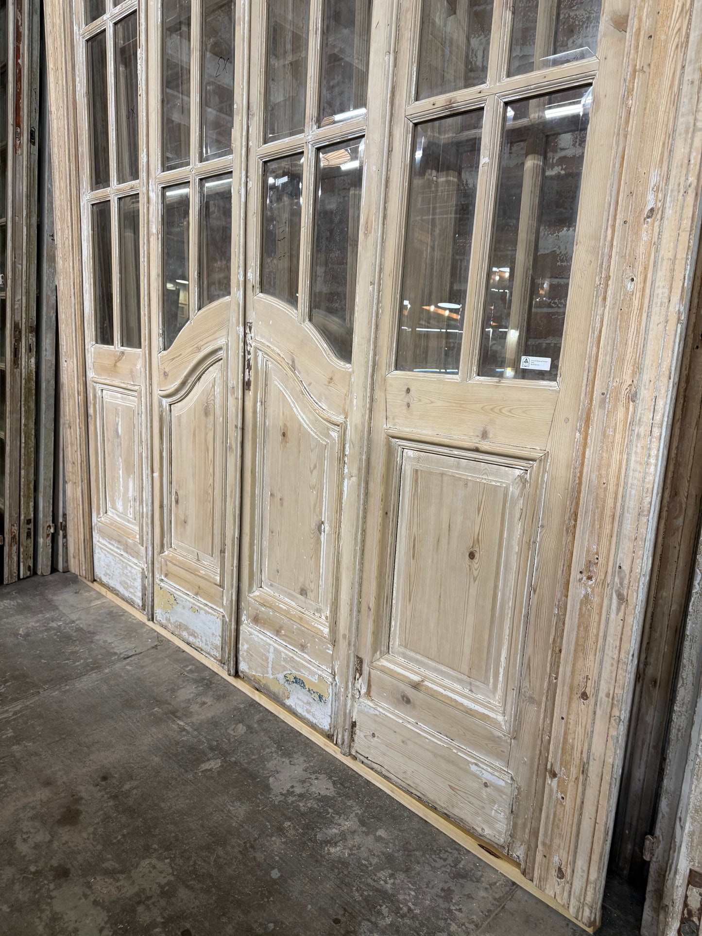 Set of 4 Antique French Doors with 24 Lites and Arched Transom Window