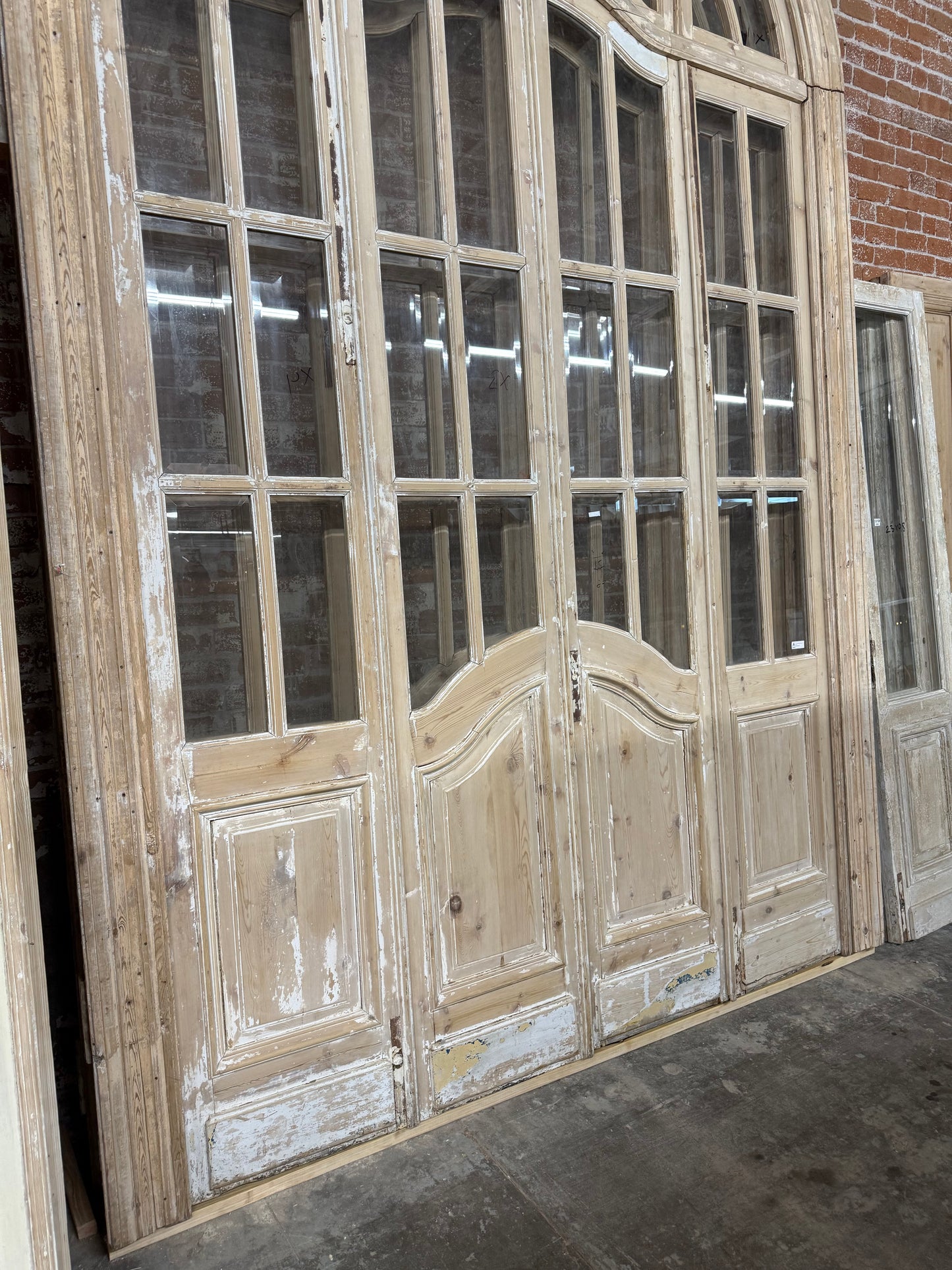 Set of 4 Antique French Doors with 24 Lites and Arched Transom Window