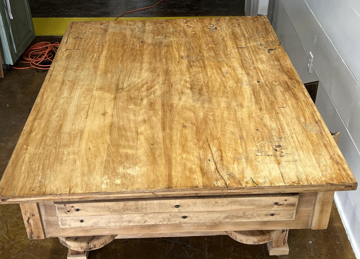 Bleached Work Table w/Swing Out Seats