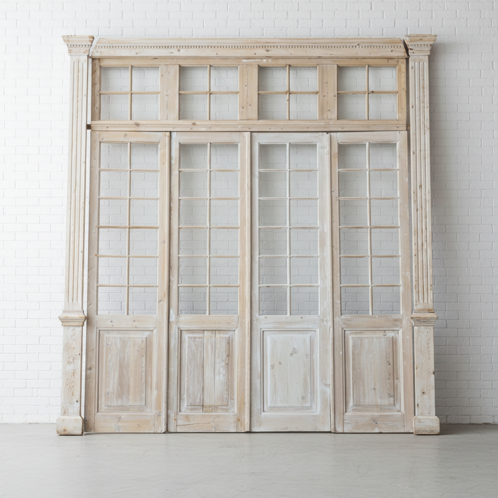 Set of 4 Washed Wood Doors and Transom w/64 Glass Panes