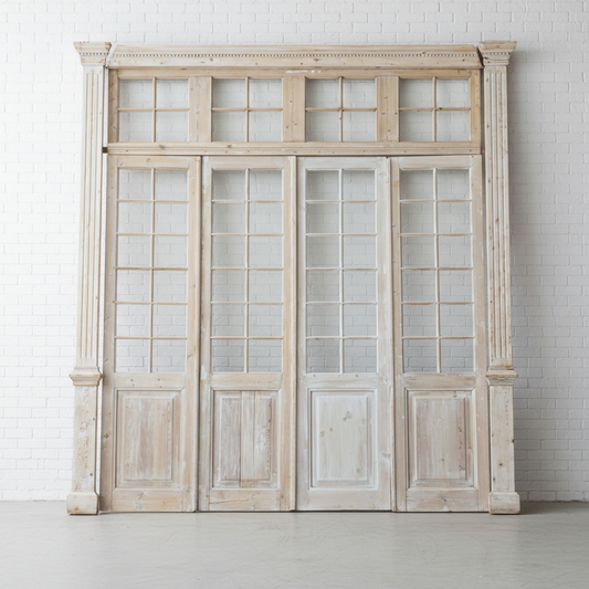 Set of 4 Washed Wood Doors and Transom w/64 Glass Panes