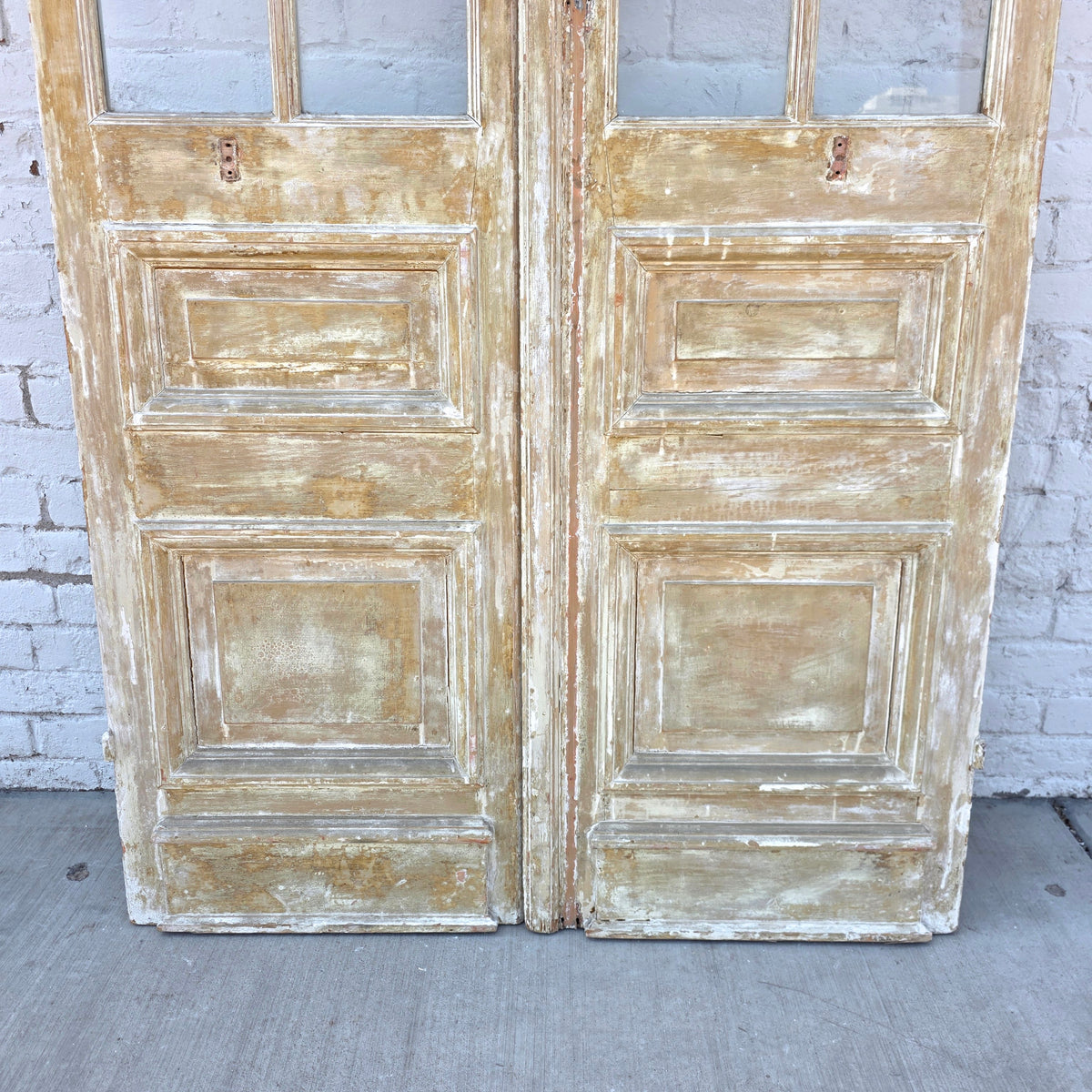 Pair of 2 Panel 7 Lite Washed Wood French Antique Doors