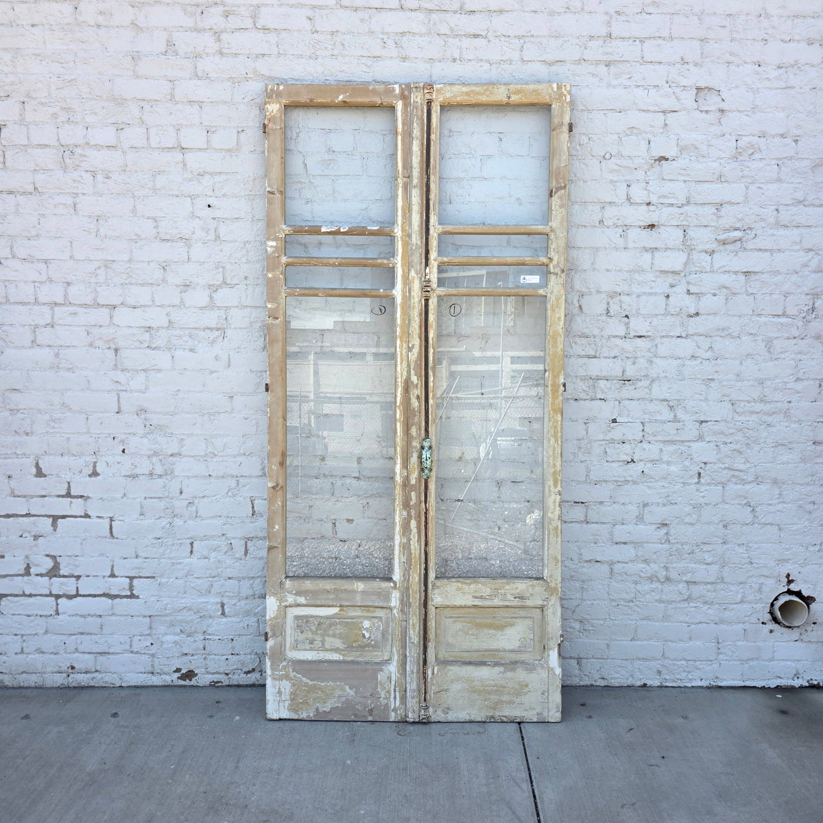 Pair of 4 Horizontal Lite Washed Wood Antique Doors