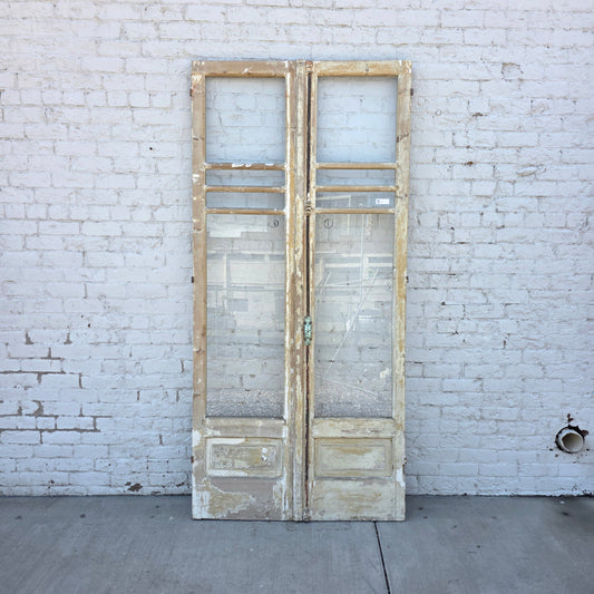 Pair of 4 Horizontal Lite Washed Wood Antique Doors