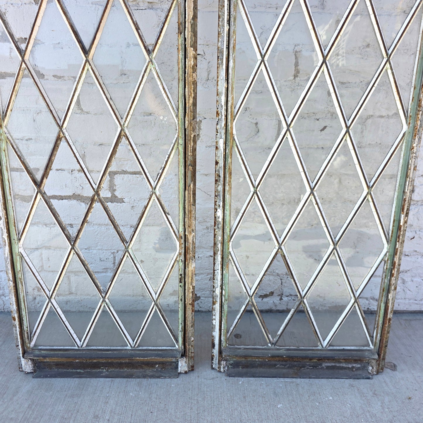 Pair of Arched Steel Windows with Diamond Panes
