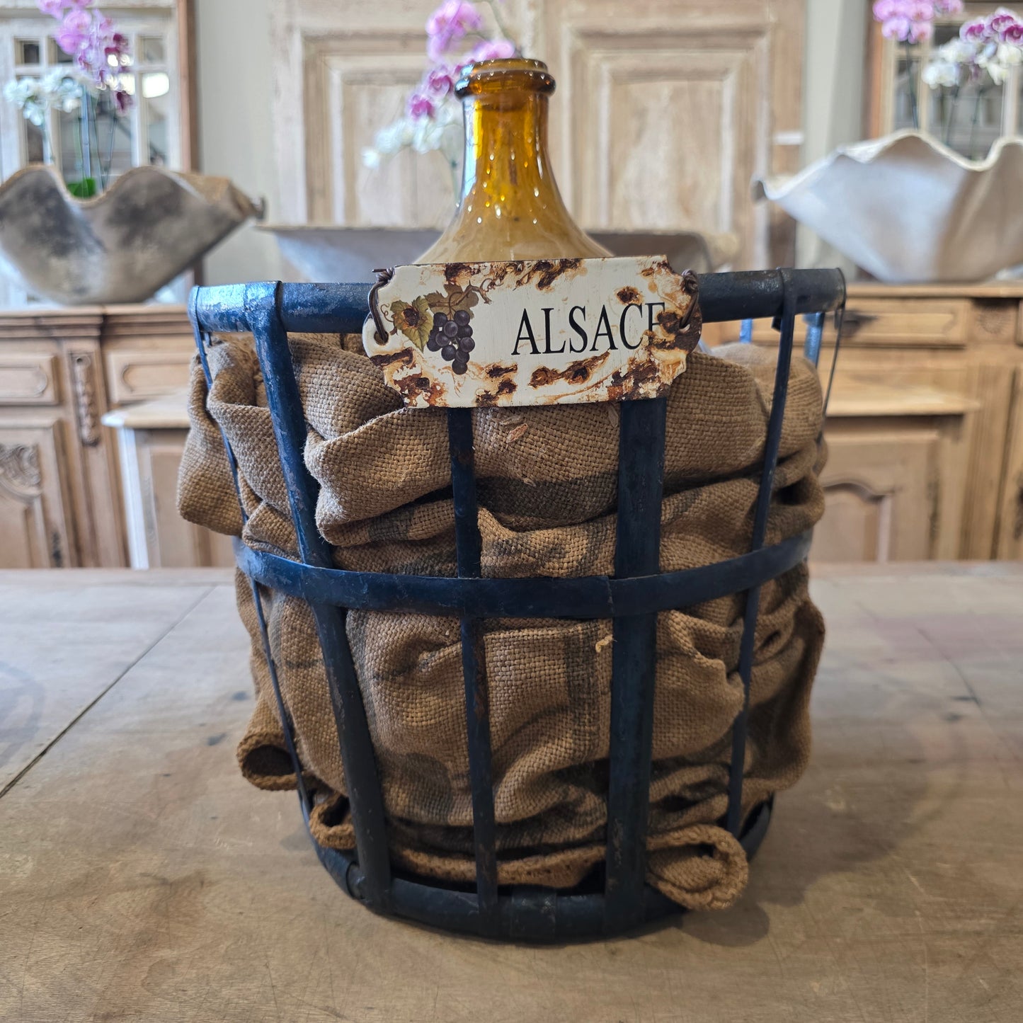 Small Wine Demijohn in Metal Basket