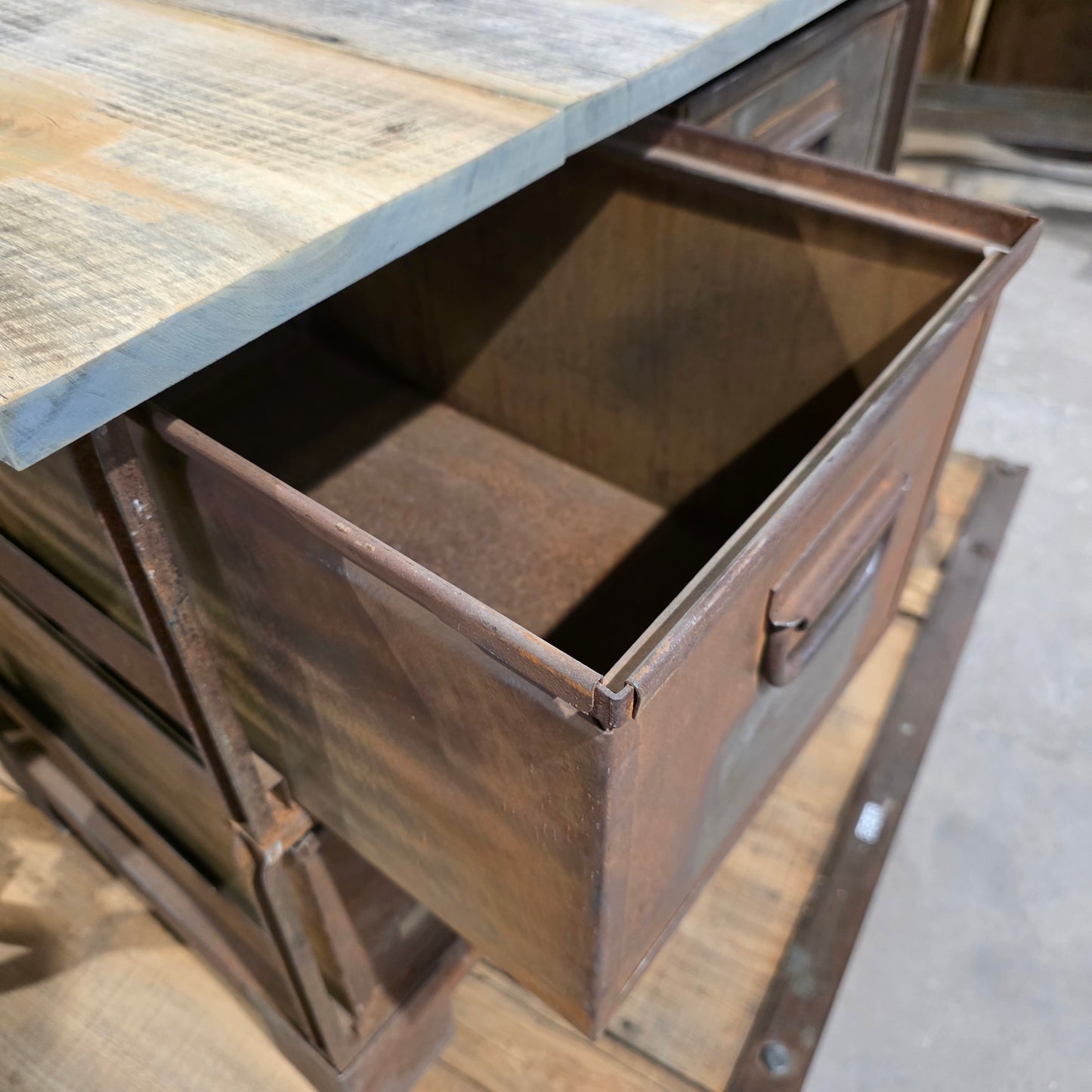 Set of 4 Industrial Steel Drawers Cabinet with Barn Wood Top