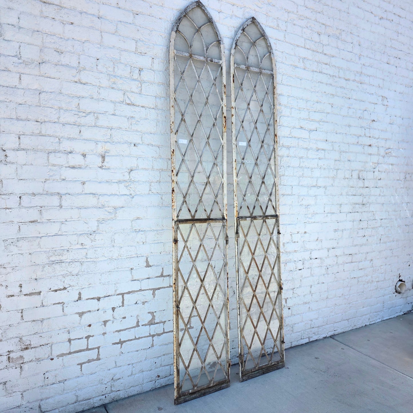 Pair of Arched Steel Windows with Diamond Panes