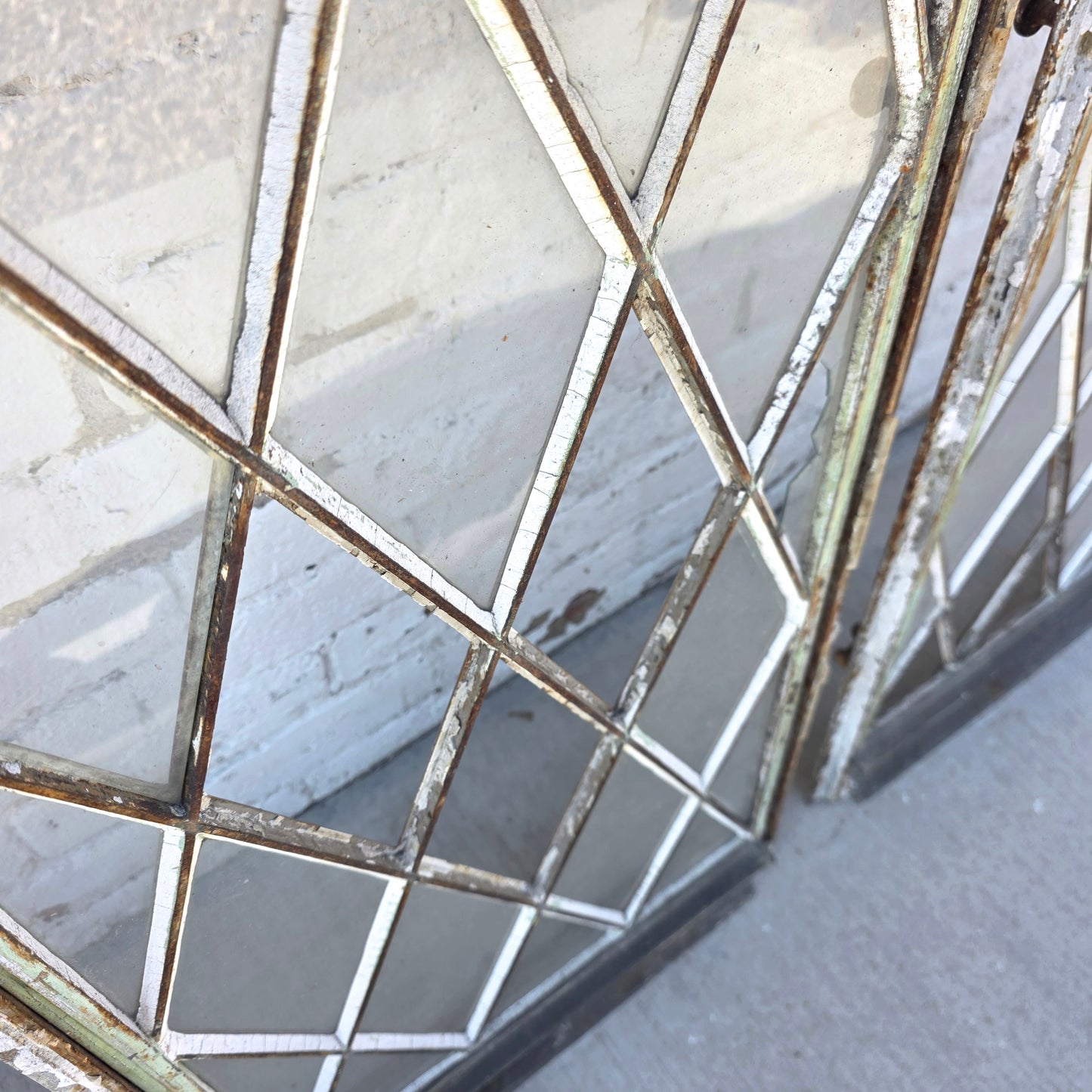 Pair of Arched Steel Windows with Diamond Panes