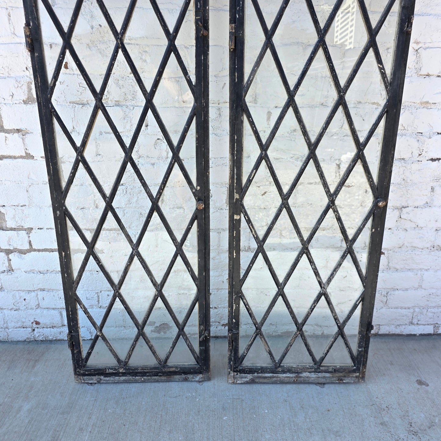 Pair of Arched Steel Windows with Diamond Panes