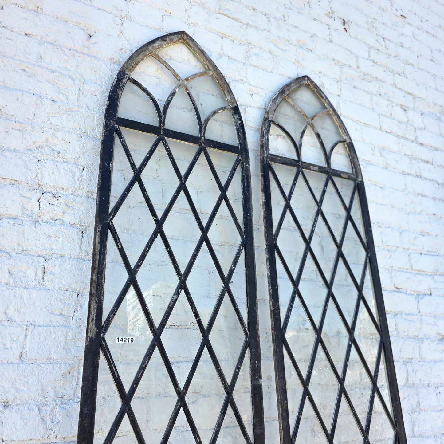 Pair of Arched Steel Windows with Diamond Panes