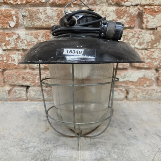 Enamel Industrial Pendant Light with Glass Globe and Cage
