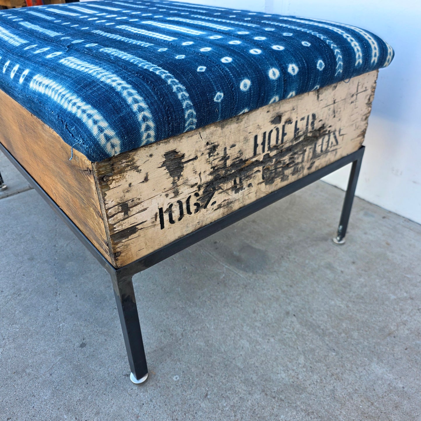 Raisin Box Ottoman with Blue Batik Top
