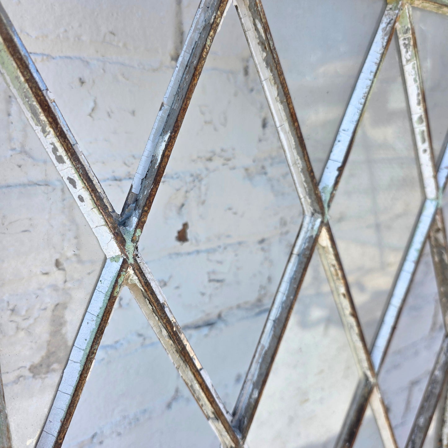 Pair of Arched Steel Windows with Diamond Panes