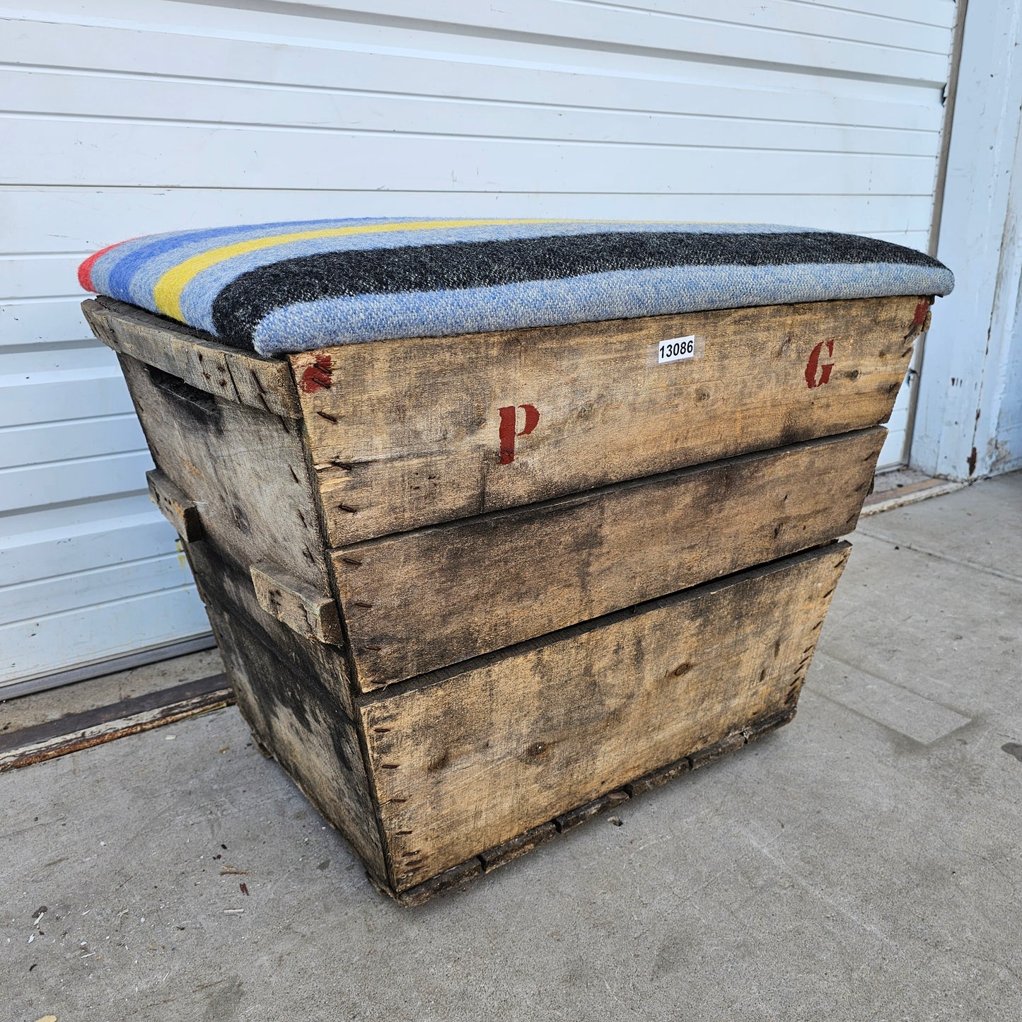 French Champagne Crate Ottoman with Camp Blanket Top