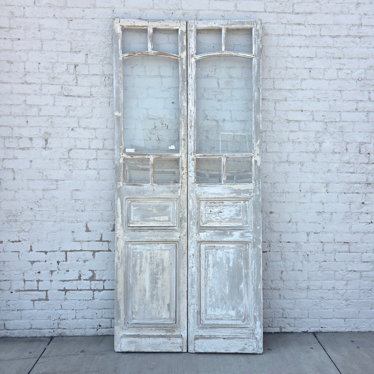 Pair of 2 Panel 5 Lite Washed Wood French Antique Doors