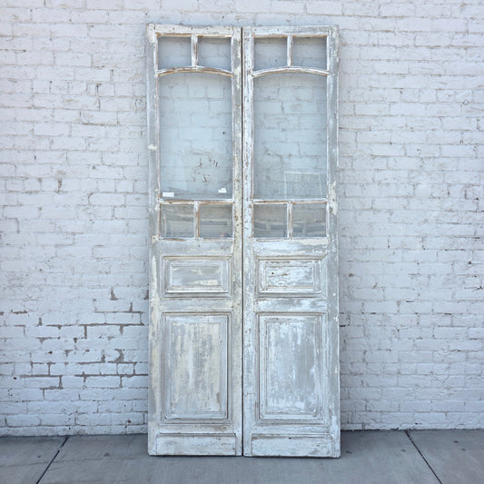 Pair of 2 Panel 5 Lite Washed Wood French Antique Doors