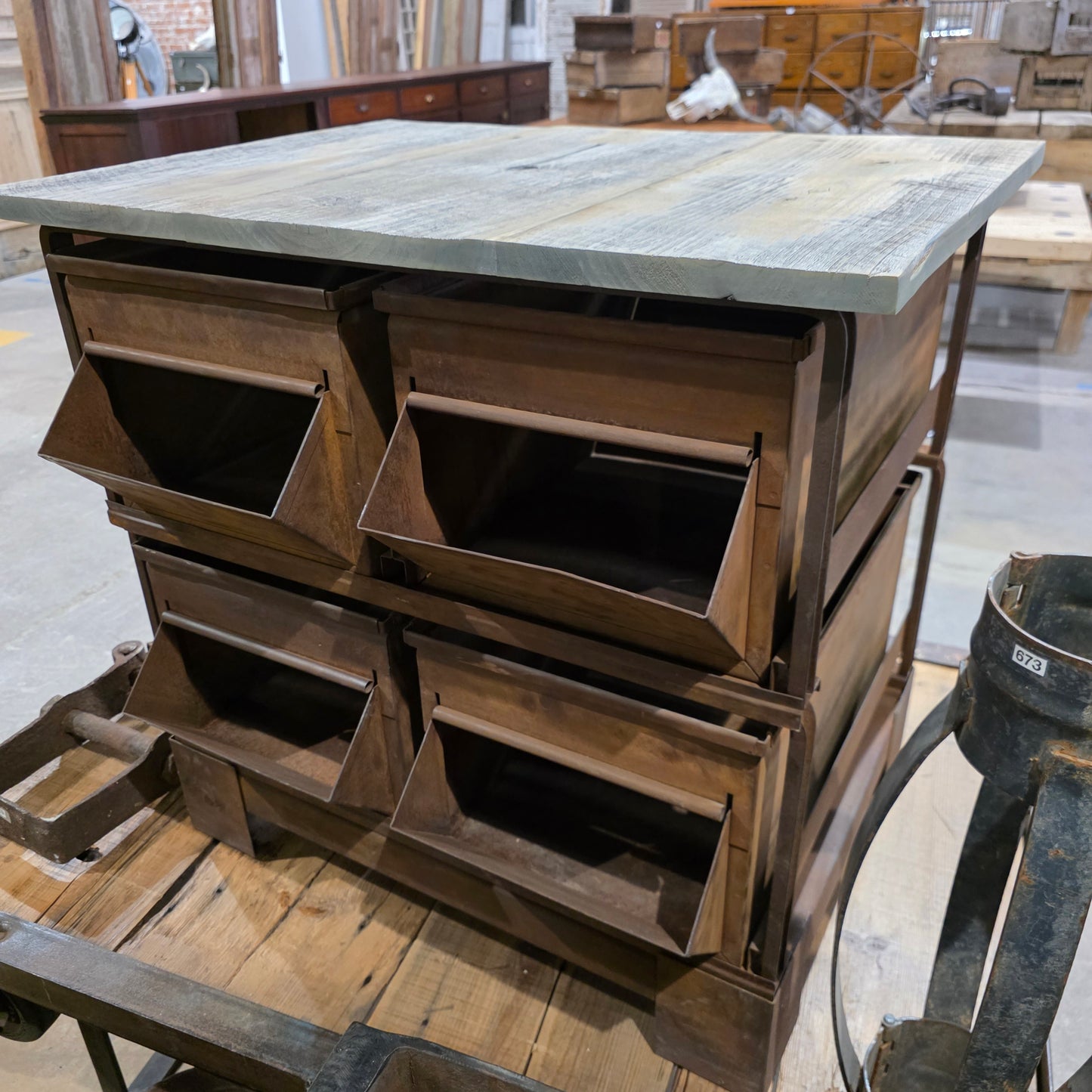 Set of 4 Industrial Steel Drawers Cabinet with Barn Wood Top