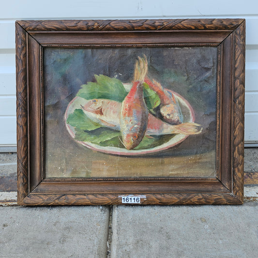 Framed Three Fish on Plate Oil Painting