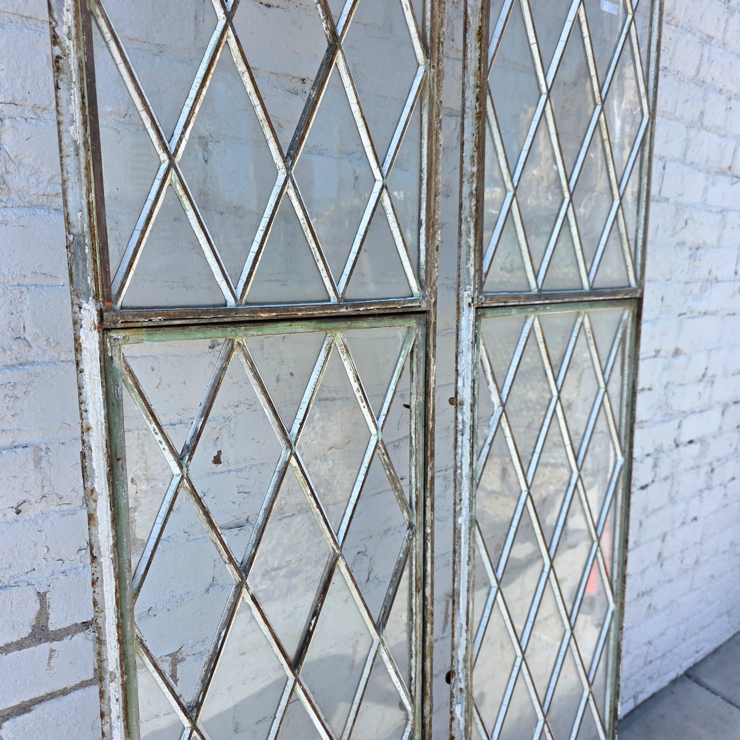 Pair of Arched Steel Windows with Diamond Panes
