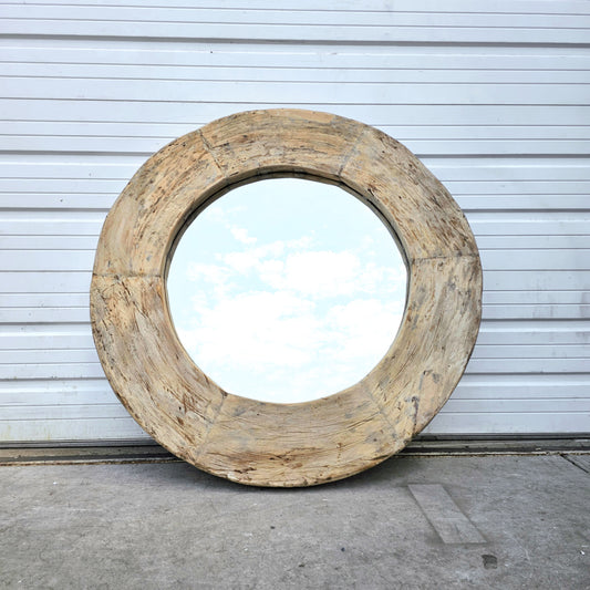 Architectural Round Bleached Wooden Mirror