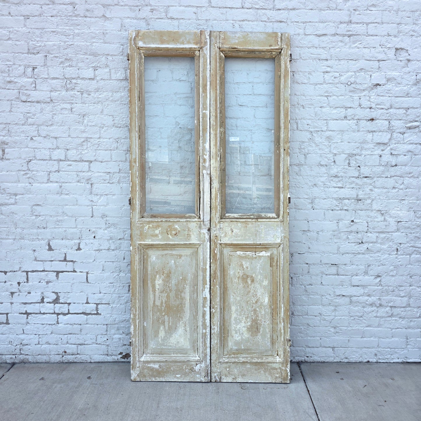 Pair of Washed Wood Single Lite Carved Antique Doors