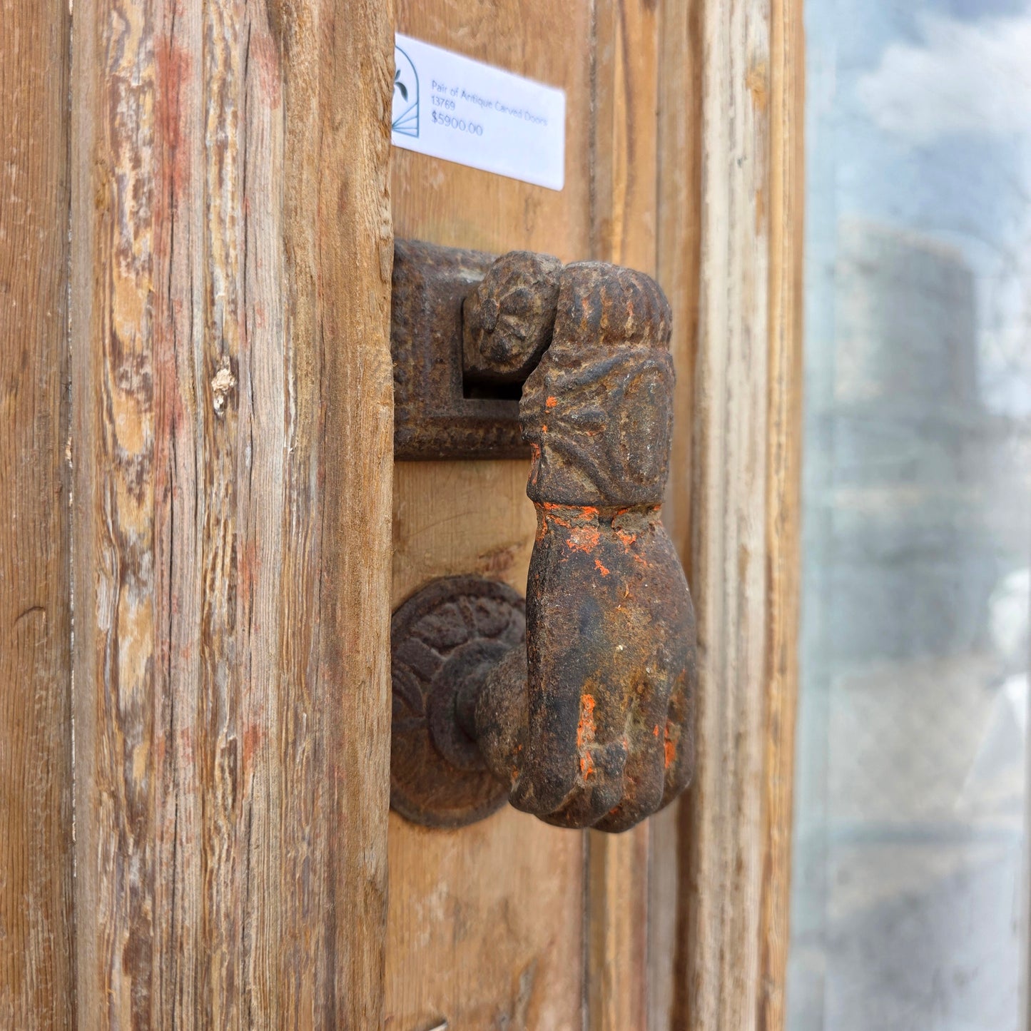 Pair of Antique Wood Carved Doors with Single Glass Lites