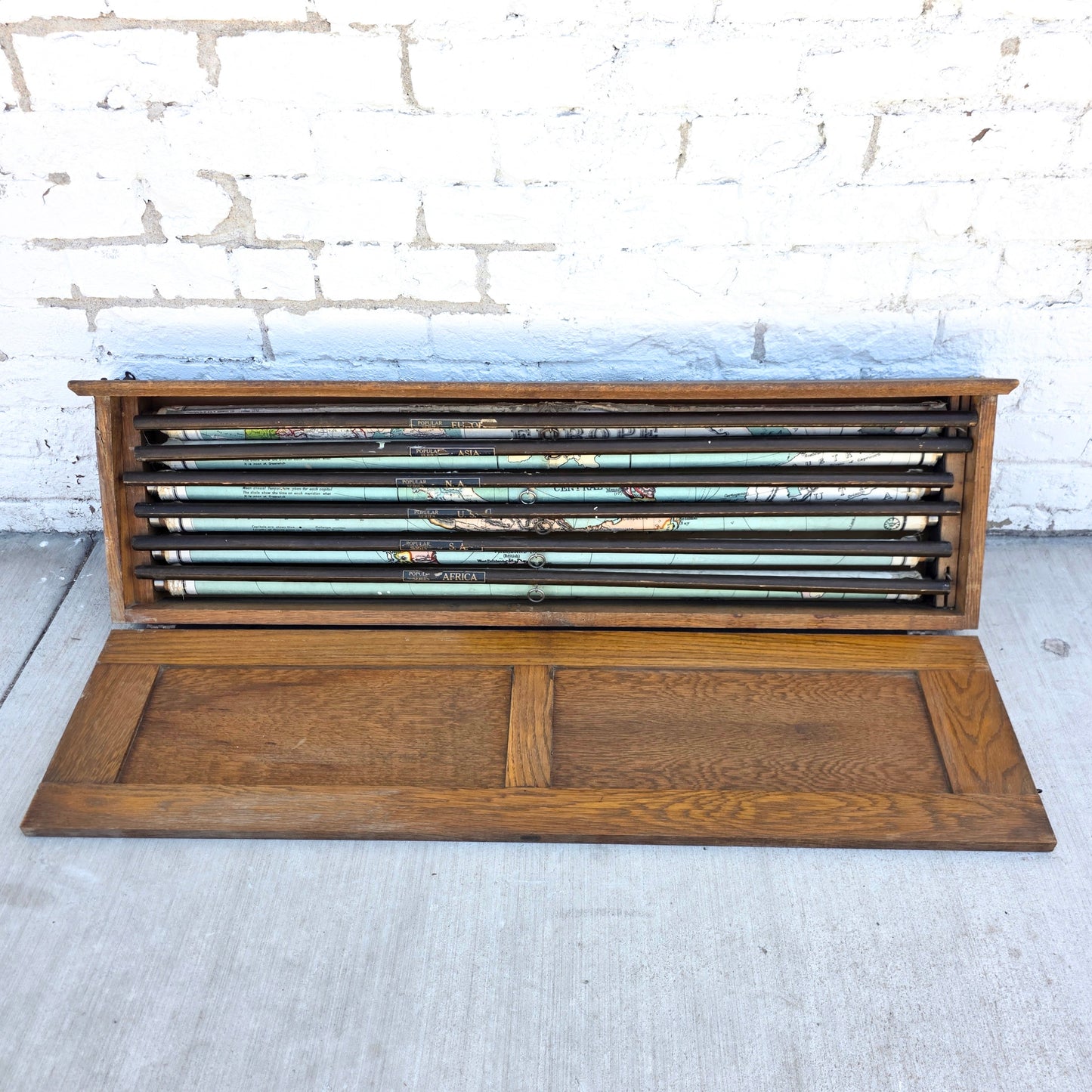 Early 1900's Antique Oak Wall Mounted Map Cabinet