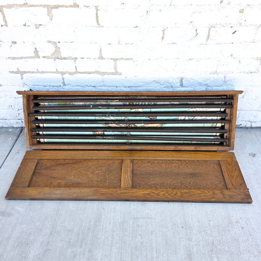 Early 1900's Antique Oak Wall Mounted Map Cabinet