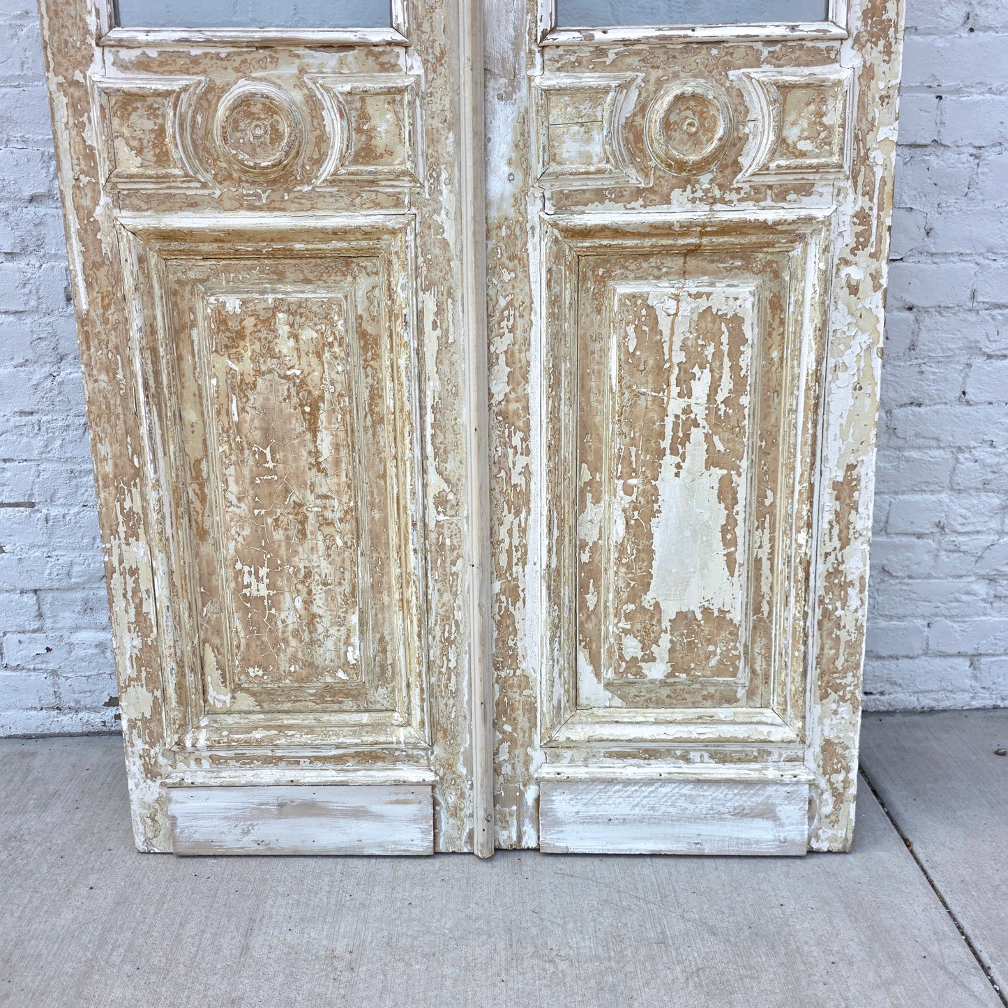 Pair of Washed Wood Single Lite Carved Antique Doors