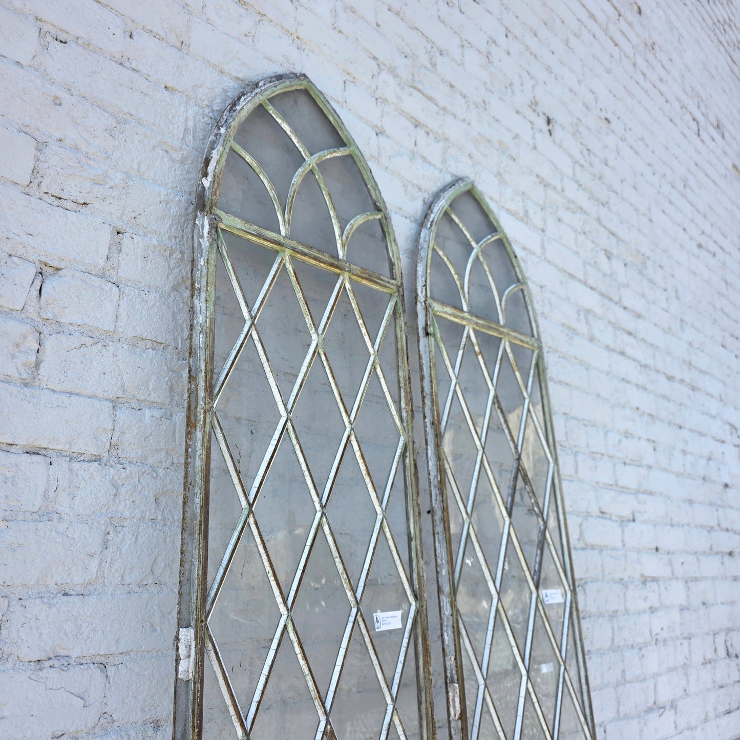Pair of Arched Steel Windows with Diamond Panes