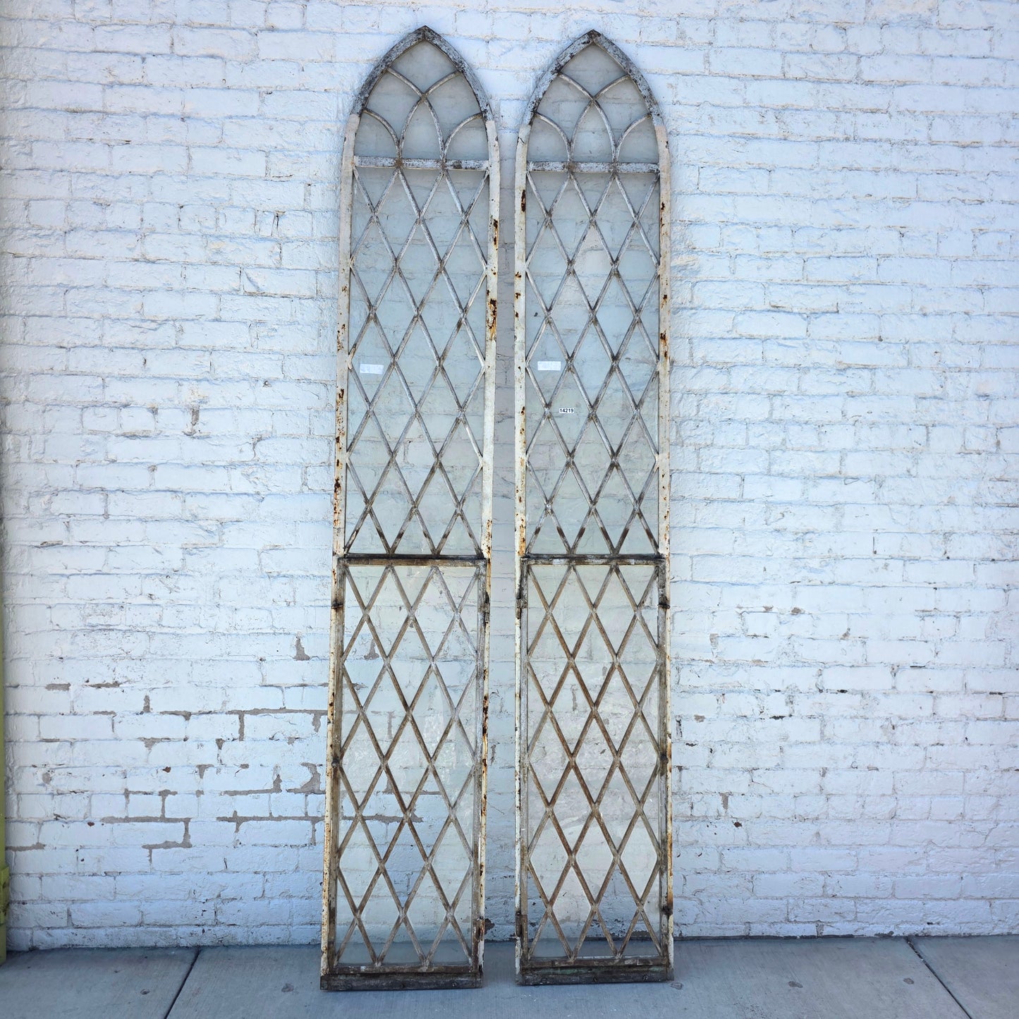 Pair of Arched Steel Windows with Diamond Panes
