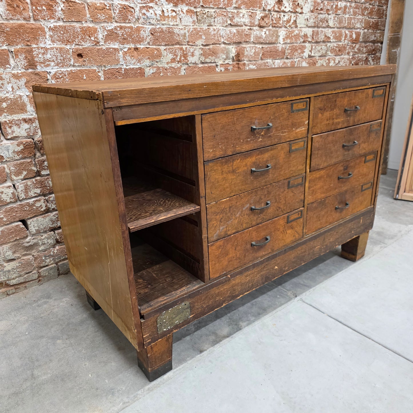 Antique Oak Industrial Hardware Store Cabinet