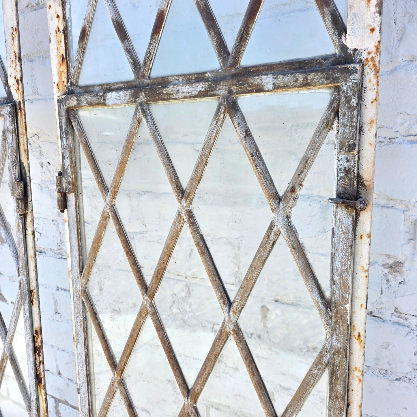 Pair of Arched Steel Windows with Diamond Panes