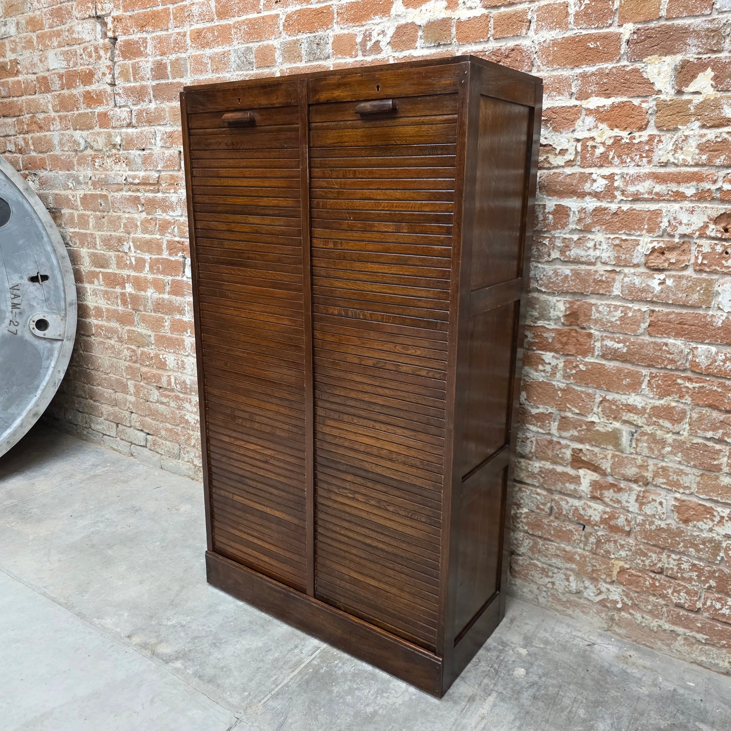 Antique Oak Filing Cabinet with Double Tambour Front