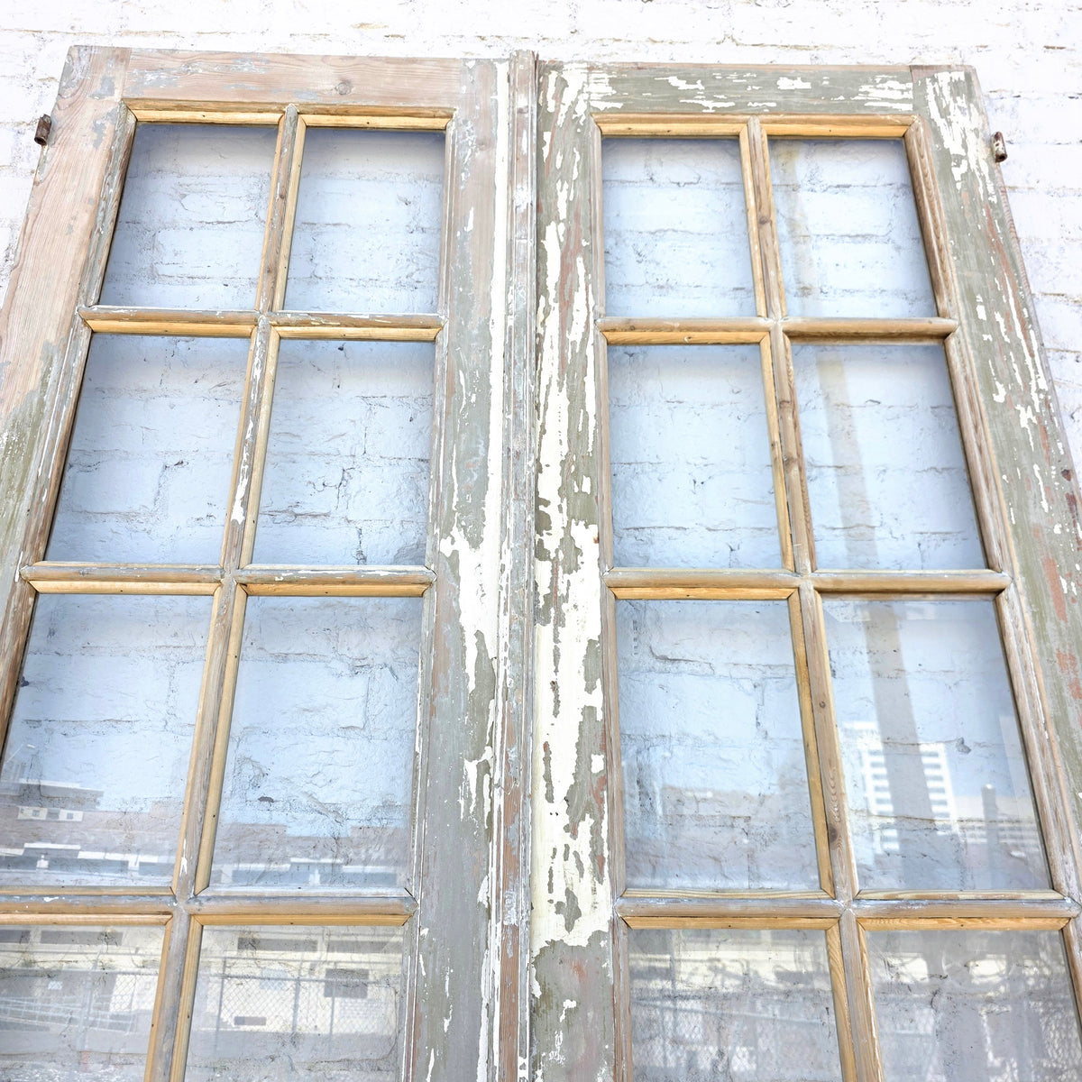 Pair of 14 Lite Washed Wood French Antique Doors