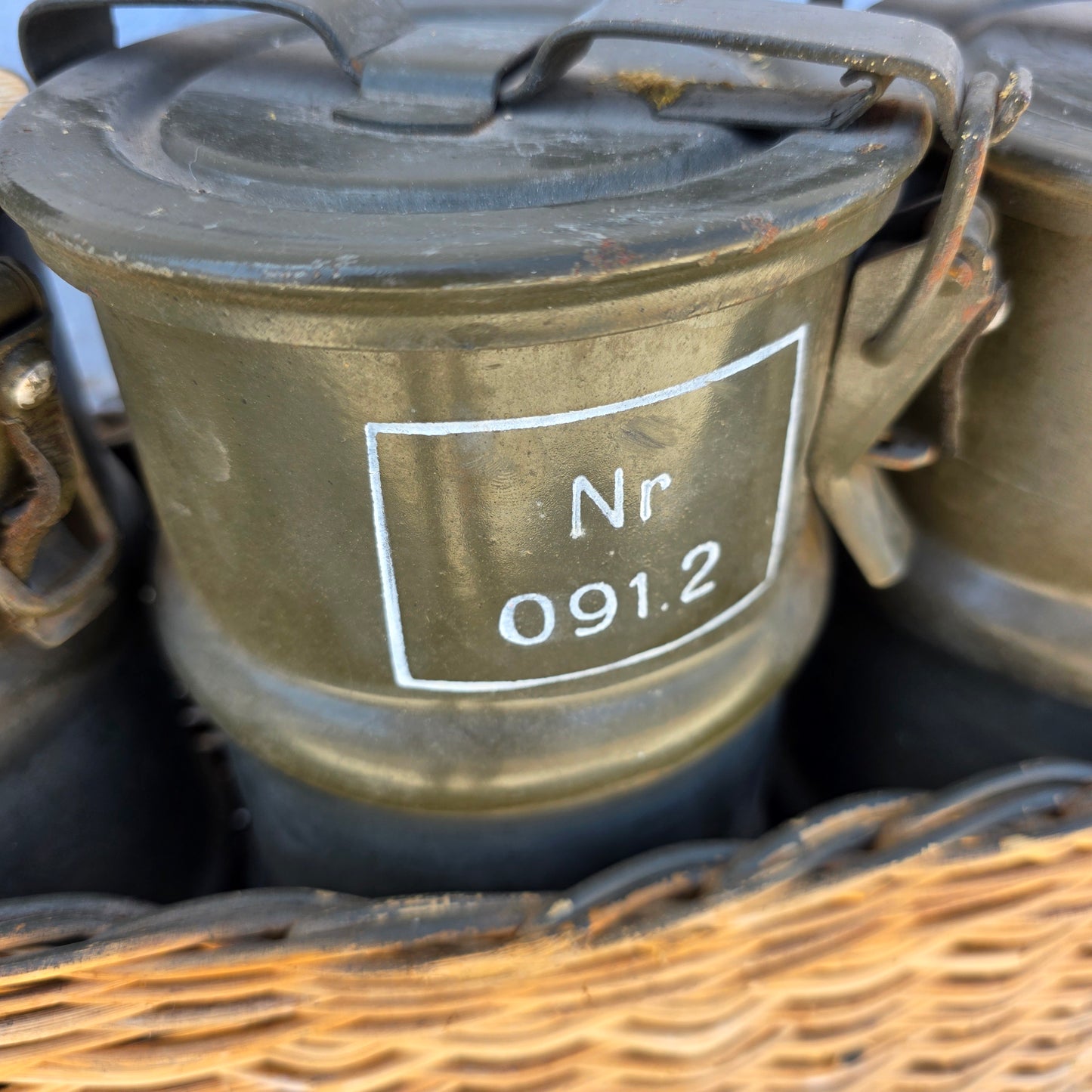 Swiss Military Artillery Canisters in Wicker Basket
