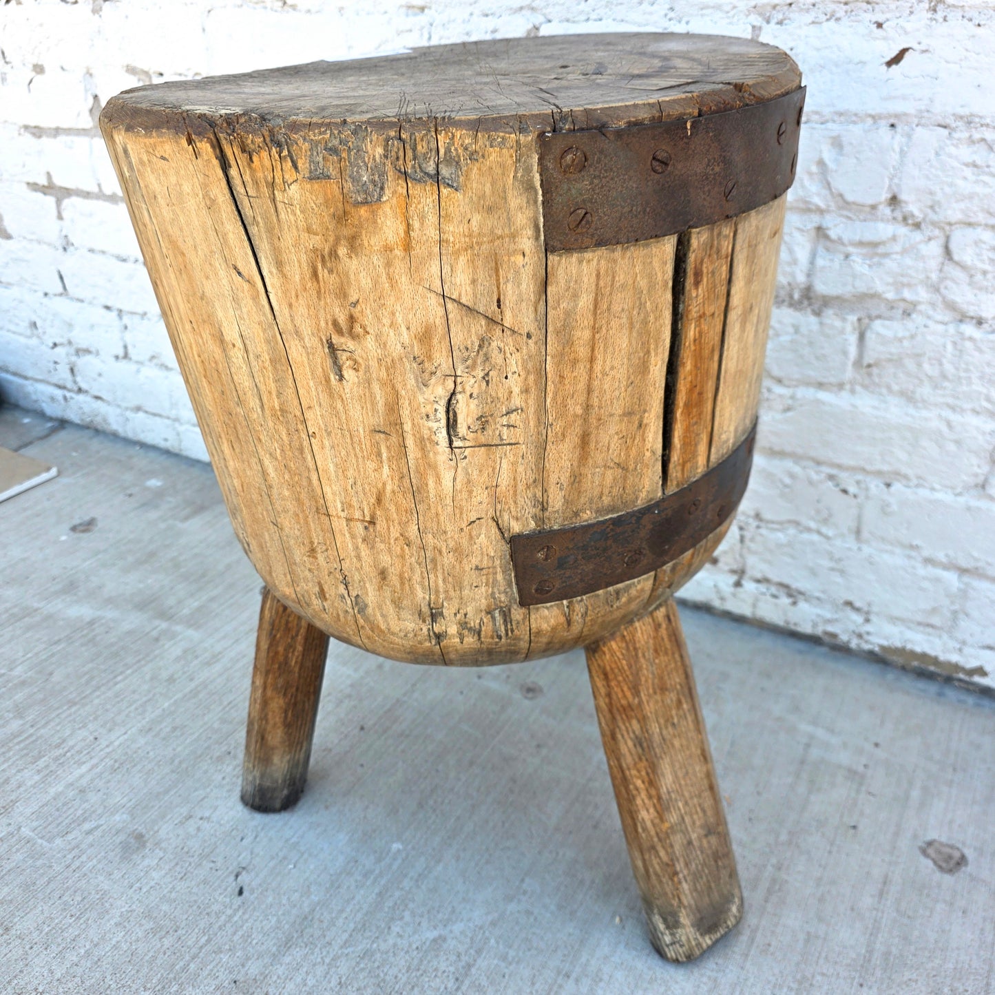 Antique French Round Three Leg Butcher Block