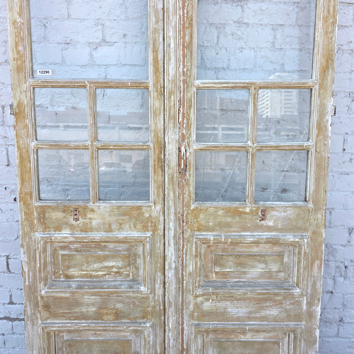 Pair of 2 Panel 7 Lite Washed Wood French Antique Doors