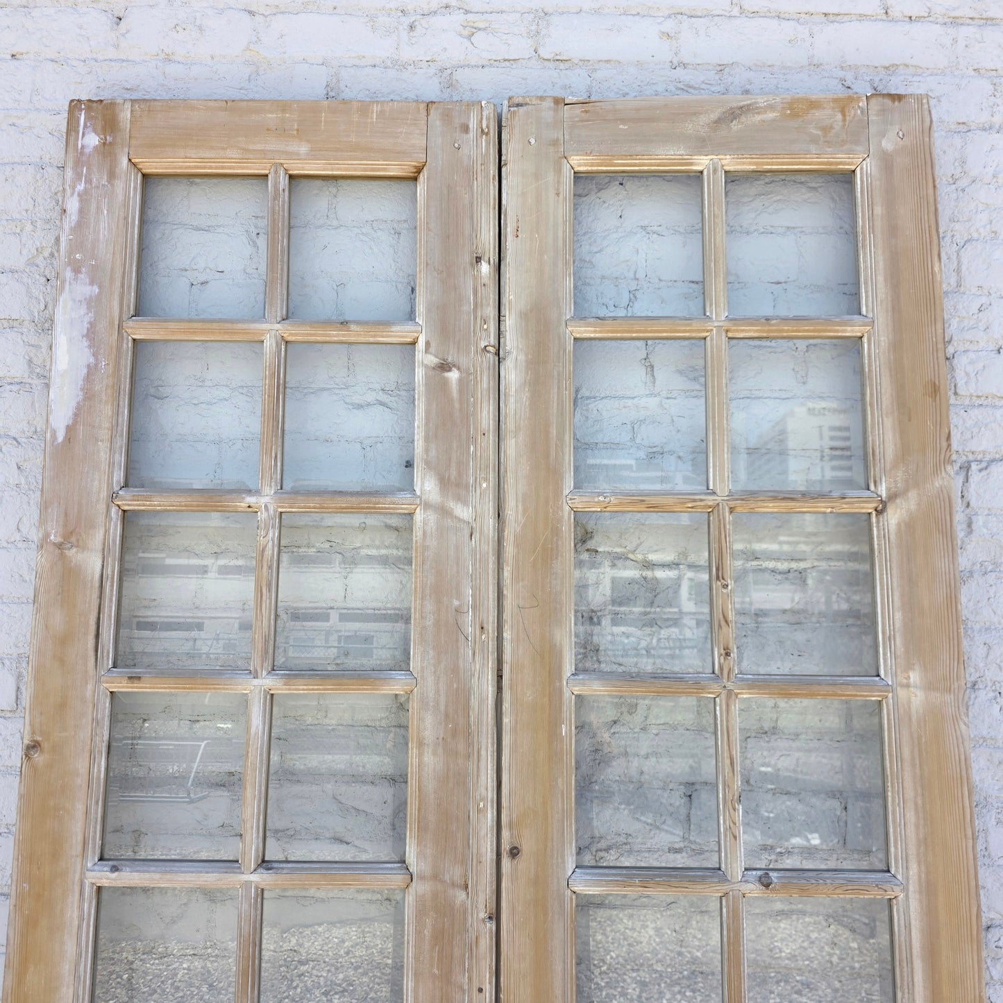 Pair of Washed Antique Wood Doors w/28 Glass Lites