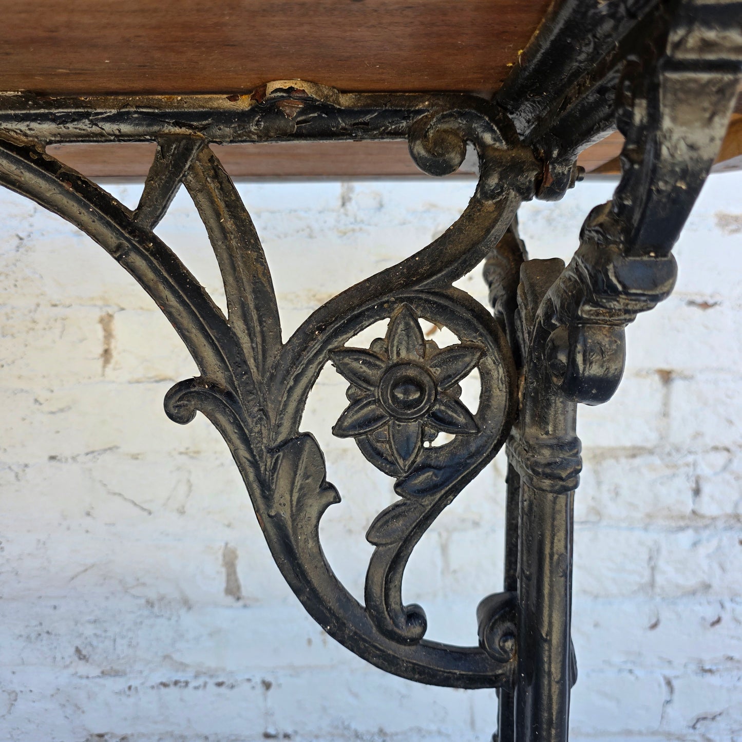 Antique English Pub Table with Ornate Iron Trestle Base