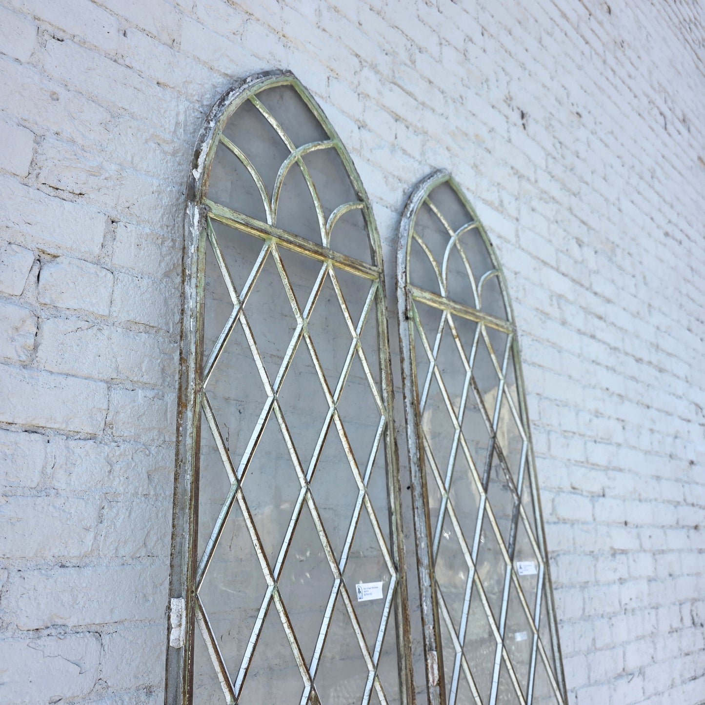 Pair of Arched Steel Windows with Diamond Panes