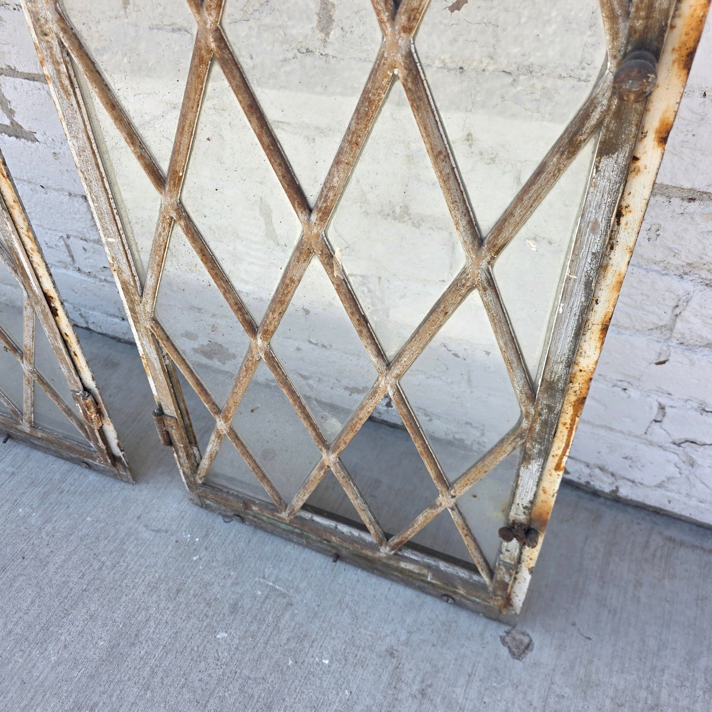Pair of Arched Steel Windows with Diamond Panes