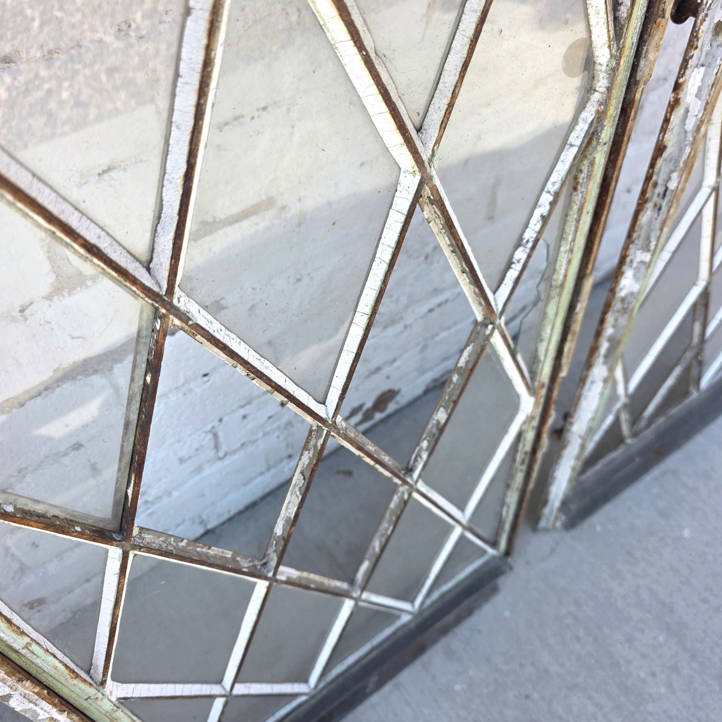 Pair of Arched Steel Windows with Diamond Panes