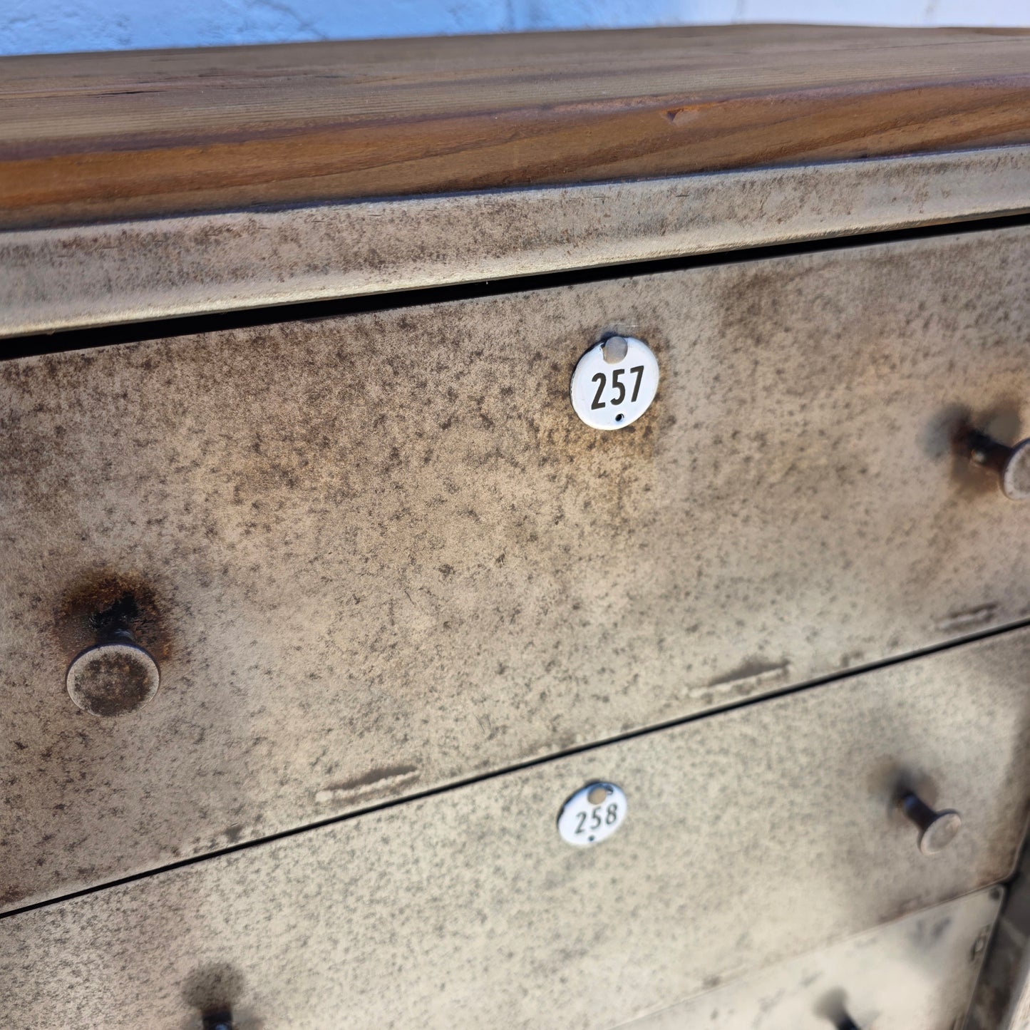 Industrial Metal Cabinet w/Wood Top and Numbered Drawers