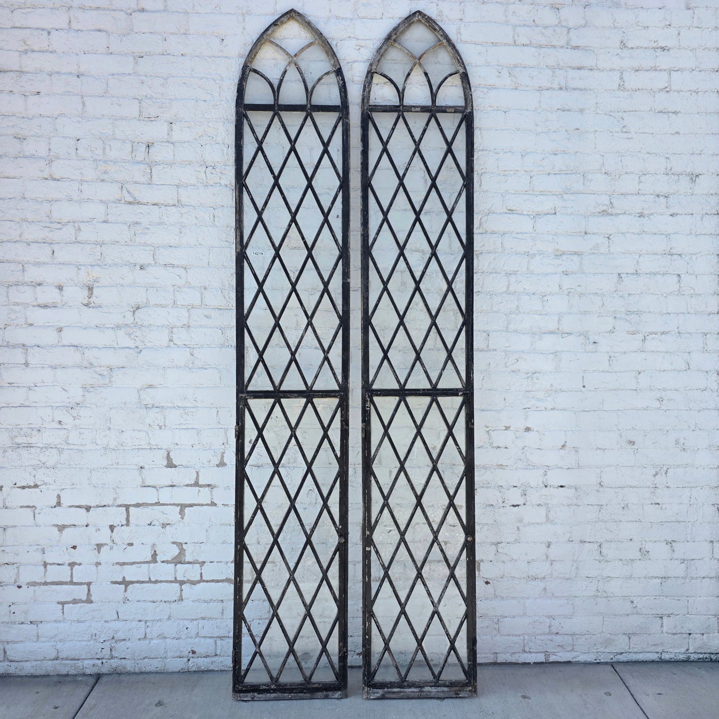 Pair of Arched Steel Windows with Diamond Panes